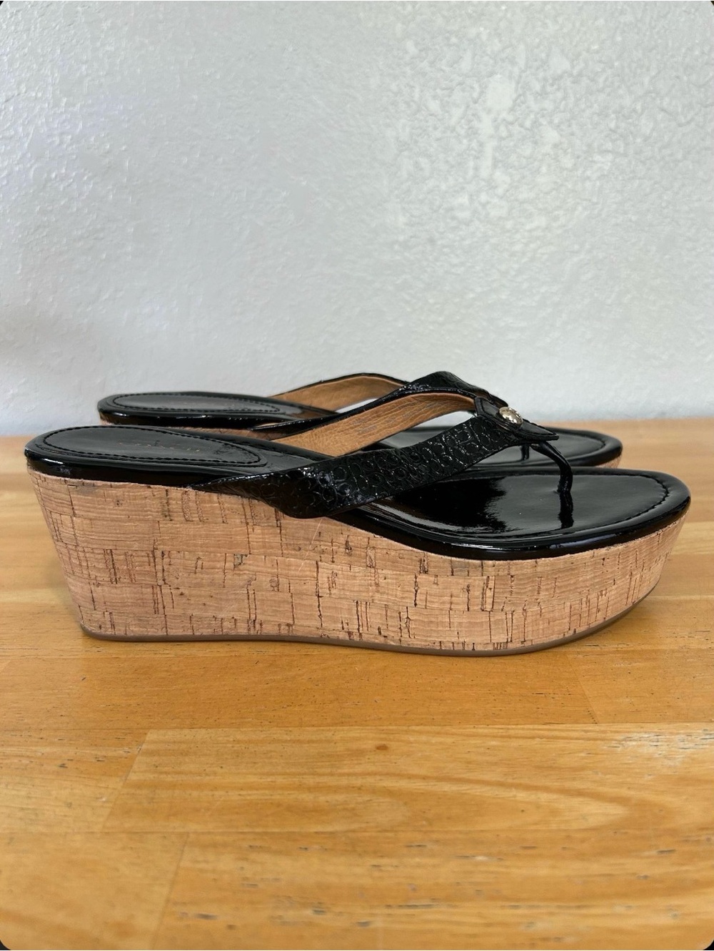 Coach Black Patent Cork Wedge Sandals 8.5B Thong Slides
